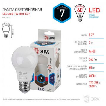 Б0029820 Лампочка светодиодная ЭРА STD LED A60-7W-840-E27 E27 / Е27 7Вт груша нейтральный белый свет  - фотография 3