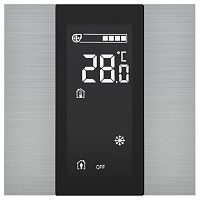 ITR340-3210 Выключатель / комнатный контроллер с ЖК-дисплеем iSwitch+ 2-кнопочный, встроенные датчики температуры, влажности, освещенности, качества воздуха, LED индикация, 2 унив. входа, с BCU, материал алюминий, натуральный шлифованный