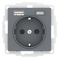 ATN000732 Розетка с USB+USB type C Systeme Electric ATLASDESIGN, скрытый монтаж, с заземлением, со шторками, грифель, ATN000732