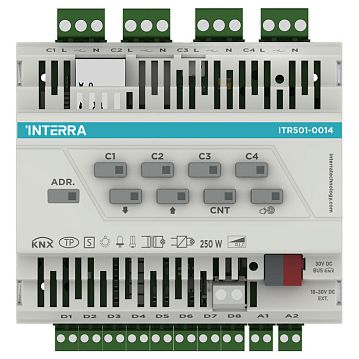 ITR501-0014 Универсальный диммер KNX, 4-канальный, 250/200 Вт на канал, 8 цифровых и 2 аналоговых входа, защита от перегрева и короткого замыкания, ручное управление, на DIN рейку
