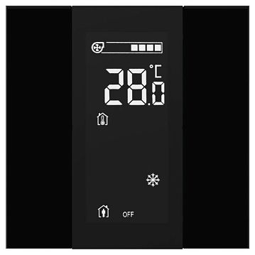 ITR340-3231 Выключатель / комнатный контроллер с ЖК-дисплеем iSwitch+ 2-кнопочный, встроенные датчики температуры, влажности, освещенности, качества воздуха, LED индикация, 2 унив. входа, с BCU, материал плексигласс, цвет черный
