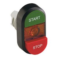 1SFA611144R1101 Кнопка двойная MPD15-11R (зеленая/красная-выступающая) красная-в ыступающая линза с текстом (START/STOP)