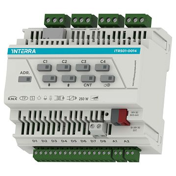 ITR501-0014 Универсальный диммер KNX, 4-канальный, 250/200 Вт на канал, 8 цифровых и 2 аналоговых входа, защита от перегрева и короткого замыкания, ручное управление, на DIN рейку  - фотография 2
