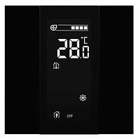 ITR340-1201 Выключатель / комнатный контроллер с ЖК-дисплеем iSwitch+ 2-кнопочный, встроенные датчики температуры, влажности, освещенности, LED индикация, 2 унив. входа, с BCU, материал пластик, цвет угольно-черный глянцевый