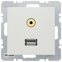 3315391909 Розетка USB+mini-jack Berker, скрытый монтаж, белый матовый, 3315391909