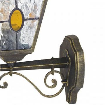 1804-1W Zagreb уличный светильник D270*W185*H450, 1*E27*100W, IP44, excluded; металл черный с золотой патиной, плафон из полупрозрачного стекла с эффектом льда и вставкой коньячного цвета  - фотография 2