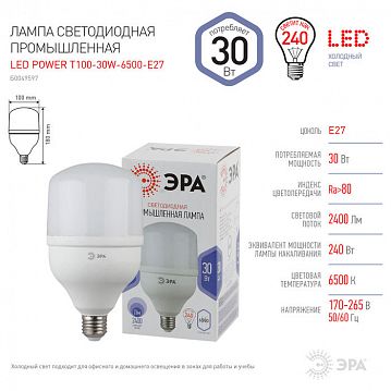 Б0049597 Лампа светодиодная ЭРА STD LED POWER T100-30W-6500-E27 E27 / Е27 30 Вт колокол холодный дневной свет  - фотография 4