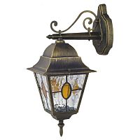 1805-1W Zagreb уличный светильник D270*W185*H450, 1*E27*100W, IP44, excluded; металл черный с золотой патиной, плафон из полупрозрачного стекла с эффектом льда и вставкой коньячного цвета